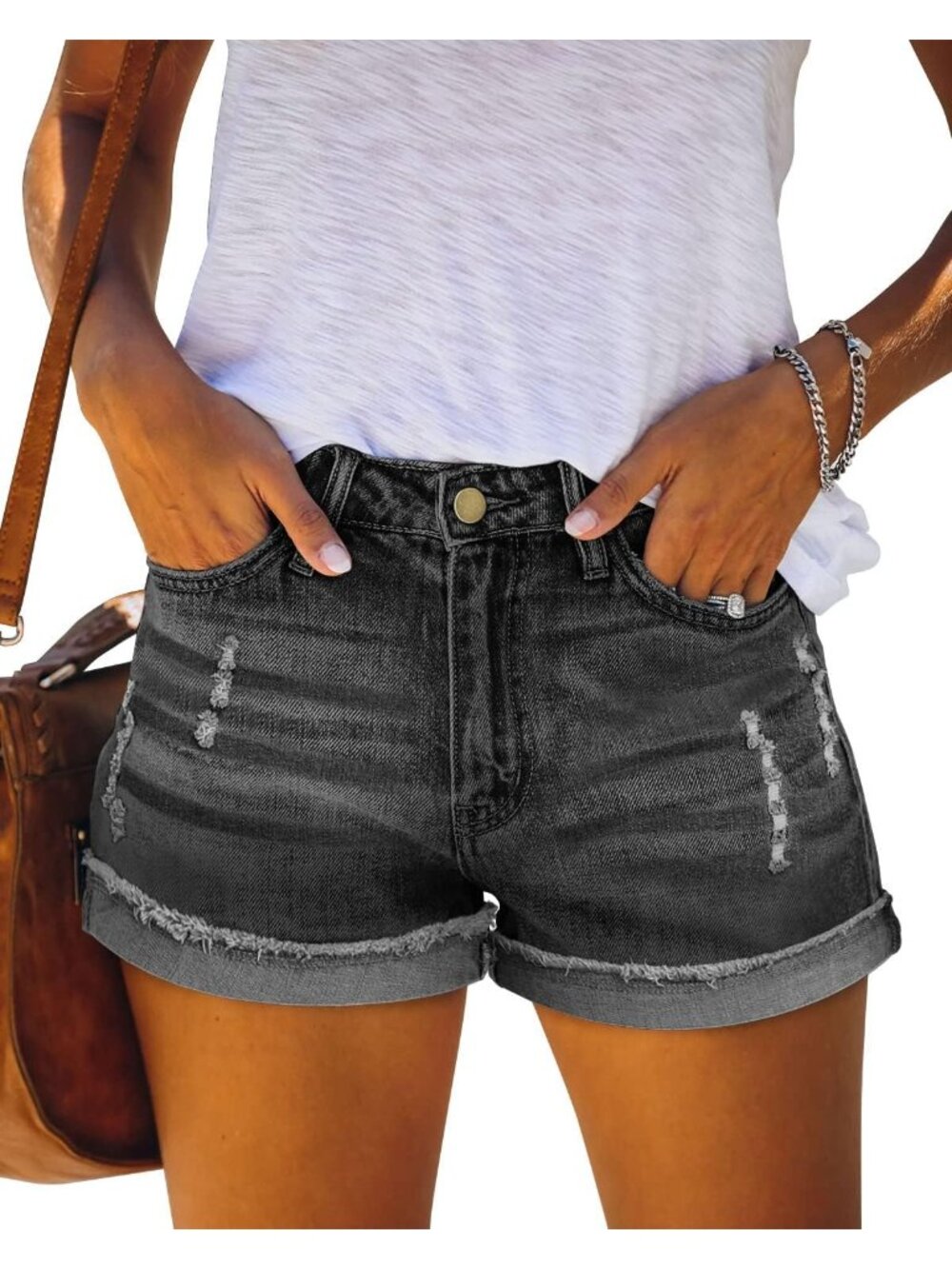〽️Women's Jeans Shorts Gray Folded Hem Stretchy Distressed Mid Rise Comfort